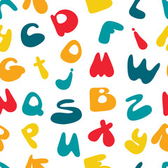 Colorful seamless pattern with English letters, alphabets. ABC background.different letters ABC. Colorful school pattern for children. Multicolor background for kids. Alphabet studying background.
