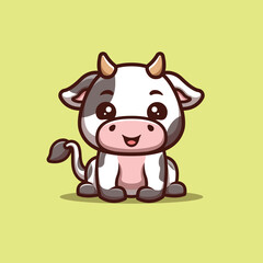 Cow Sitting Happy Cute Creative Kawaii Cartoon Mascot Logo