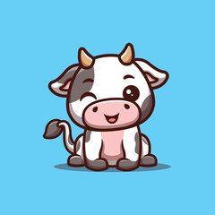 Cow Sitting Winking Cute Creative Kawaii Cartoon Mascot Logo
