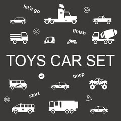 Vector kids car collection white color isolated on black background for decoration children party, scrapbooking, pattern, game, printing on fabric, gift wrap, sale, promotion. Transport set 10 eps