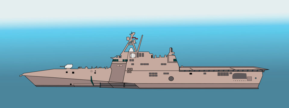 LCS-2. Independence-class littoral combat ship. It is a class of littoral combat ships built for the United States Navy. Vector image for illustrations and infographics.