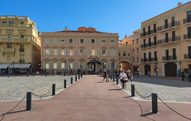 Fototapeta na wymiar Monaco, October 3, 2021: Guard's barrack at Monaco-ville. The barrack is the home of the palace guards. Entrance to the barracks of the Prince's Guard, Palace Square.