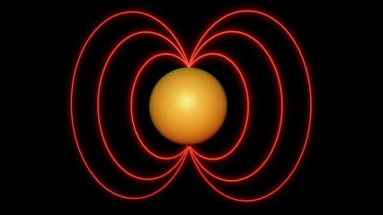 Spintronics . Magnetic field lines around sphere . Elliptical lines surrounding ball. 3d render illustration	