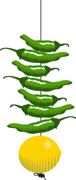 Lemon and Green Chilli hanging for anti curse anti bad omen. it is known as nimbu mirchi in hindi.