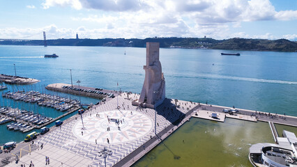 Lisboa, Portugal, April 24, 2022: Aerial view of the Padrao dos Descobrimentos (Monument to the Discoveries) is a monument on the bank of the Tagus River in Lisbon, Portugal.