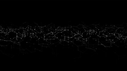 Connection to the global network. Abstract vector dots and lines on a black background. The concept of big data, digital technology, science and information technology development.