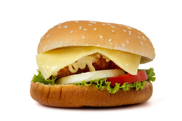 Hamburger with cheese, and meat and contains components, onions, tomatoes, and lettuce. isolated on a white background.