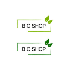 BIO SHOP LABELS WITH GREEN LEAVES ISOLATED ON WHITE