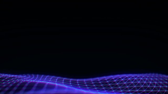 Futuristic digital wave. Dark glitch cyberspace. Abstract wave with dots and line. White moving particles on a purple background. 3d rendering.