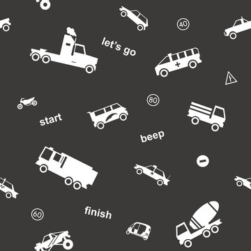 Kids car seamless pattern black white color cartoon style for decoration, banner, greeting card, sale, printing on fabric, scrapbooking, gift wrap, promotion, party poster .Vector Illustration 10 eps