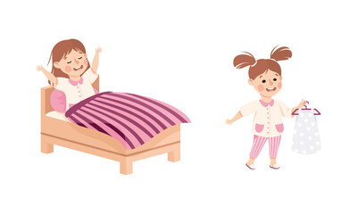 Cute little girl daily routine. Kid woke up in morning and choosing dress cartoon vector illustration