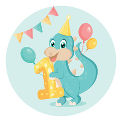 Cute baby dinosaur. Birthday invitation. 1 year, 1 month. Happy birthday card.