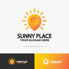 Sunny place logo set colorful style consisting of pin and summer sun for travel company, nature logotype, emblem, tag. Vector Illustration 10 eps
