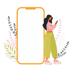 a girl with a smartphone, a blank screen of an advertising mobile phone, a mobile application.