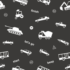 Vector cute kids car seamless pattern cartoon style for printing on fabric, scrapbooking, decoration, banner, greeting card, sale, gift wrap, promotion, party poster. 10 eps