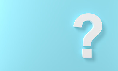 White Question Marks on blue pastel background. 3D Rendering. Minimal white question mark isolate. Realistic 3d query simple . icon cute sweet concept idea design