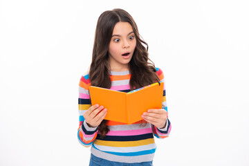 Teen girl pupil hold books, notebooks, isolated on white background, copy space. Back to school, teenage lifestyle, education and knowledge. Surprised face, surprise emotions of teenager girl.