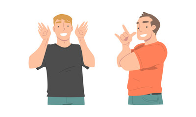 Naklejka premium Cheerful people communicating with hand gestures set. Men showing rock and roll and holding palms near ears and listening cartoon vector illustration
