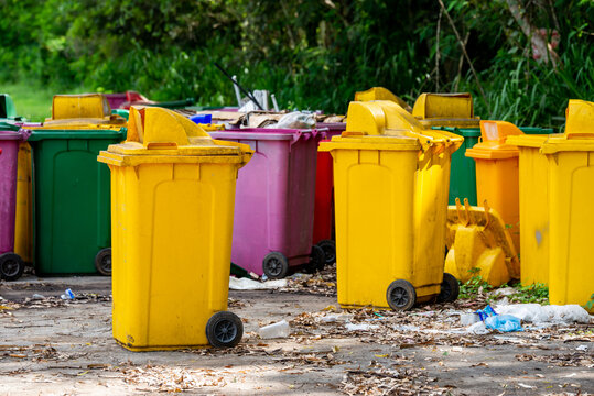 yellow bin Several plastic bins are left in the garbage collection area, causing pollution.