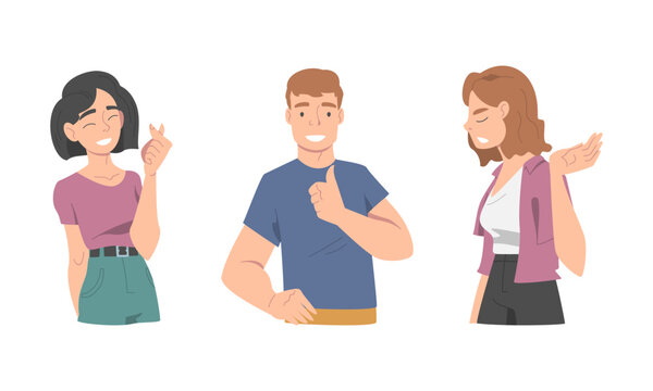 Cheerful people communicating with hand gestures set cartoon vector illustration
