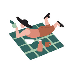 Camping, travelling, hiking, outdoor recreation. A man lies on a blanket at a picnic and eats an apple. Bottle, plate, mug. Vector image doodle sticker cartoon hand drawn flat style.