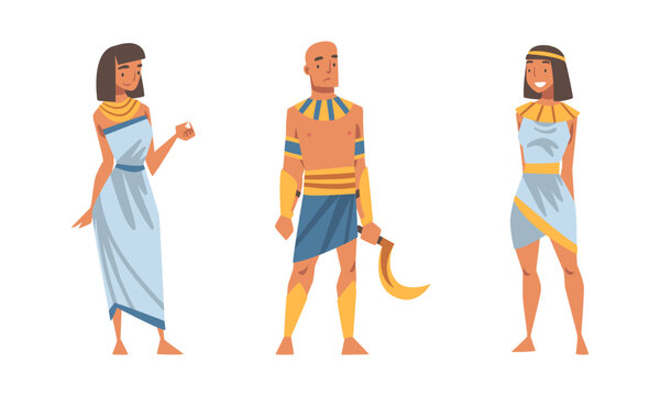 Ancient Egyptian people wearing authentic clothes and necklace set vector illustration