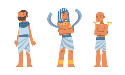 Ancient Egyptian men in authentic clothes with weapon set vector illustration