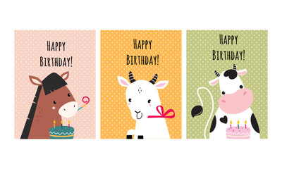 Happy birthday cards with funny animals set. Adorable horse, goat and cow with festive cake vector illustration