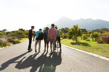 Obraz premium Multiracial male friends walking on road amidst plants against clear sky in summer during weekend