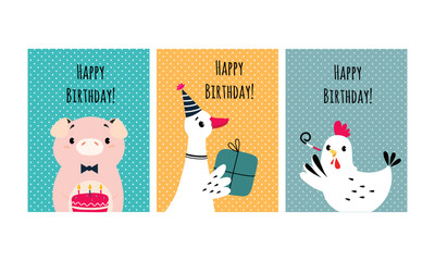 Happy birthday cards with funny animals set. Adorable piglet, goose and hen with gift box and festive cake vector illustration