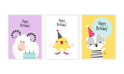 Happy birthday cards with funny animals set. Celebration greeting or invitation card with adorable sheep, chicken and raccoon vector illustration
