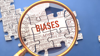 Biases as a complex and multipart topic under close inspection. Complexity shown as matching puzzle pieces defining dozens of vital ideas and concepts about Biases,3d illustration