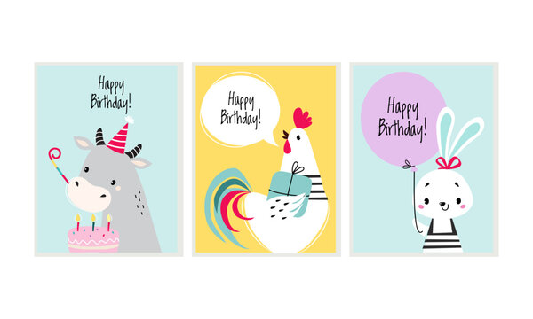Happy birthday cards with funny animals set. Celebration greeting or invitation card with adorable cow, hen and bunny vector illustration