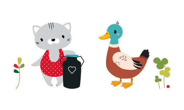 Cute animals working on farm set. Adorable cat with milk can and duckling cartoon vector illustration