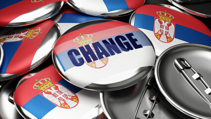 Change in Serbia - national flag of Serbia on dozens of pinback buttons symbolizing upcoming Change in this country. ,3d illustration