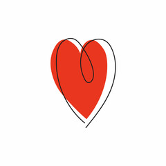 One line illustration of a heart. Red heart. Single line art