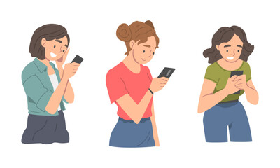 Young people using smartphones set. Cheerful girls looking at phone screen and texting cartoon vector illustration