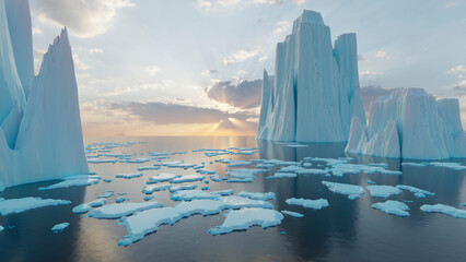 arctic ice. beautiful landscape with ice huge blocks in the water reflection. dramatic polar ice landscape. 3d render - obrazy, fototapety, plakaty