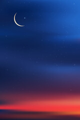 Naklejka na ściany i meble Islamic card with Crescent moon on Blue,Orange sky background,Vertical banner Ramadan Night with Dramtic Suset,twilight dusk sky for Islamic religion,Eid al-Adha,Eid Mubarak,Eid al fitr,Ramadan Kareem