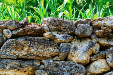 an old stone fence in the village, vegetable garden with corn on the background, a beautiful summer landscape, a bright sunny day