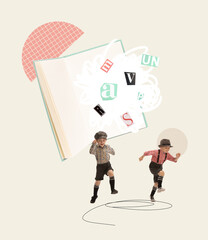 Contemporary art collage. Playful little boys, pupils running away from open book. Escaping homework reading