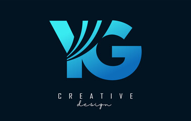 Creative blue letters YG y g logo with leading lines and road concept design. Letters with geometric design.