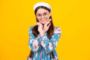 Happy teenager, positive and smiling emotions. Cute young teenager girl against a isolated background. Studio portrait of pretty beautiful child.