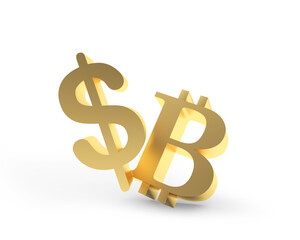 Golden bitcoin and dollar signs on white. 3D illustration