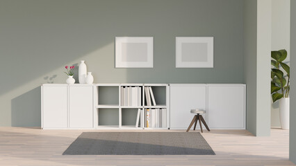 Modern minimal living room interior with modern white storage cabinet, blank frame on white wall