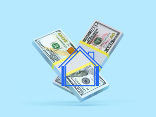 Bundles of dollar bills with house icon. 3D illustration