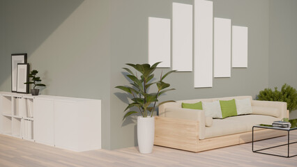 Minimal and comfortable spacious home living room interior design with comfy sofa, low-cabinet