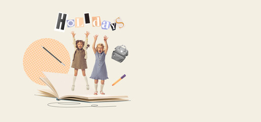 Contemporary art collage. Happy and excited little girls, children jumping on open book. Happy holidays