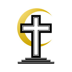 Black christian crucifix cross religion on altar with golden yellow crescent moon boho flat vector icon design.