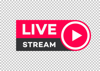 Vector live stream icon flat style with play button isolated on transparent background for blog, player, broadcast, website, online radio, media labels, logo. Live stream banner. 10 eps